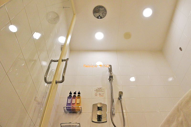 プラシードダブルのバスルームはレインシャワー付きです。